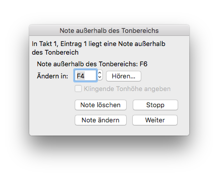 Dialogbox Note außerhalb des Tonbereichs